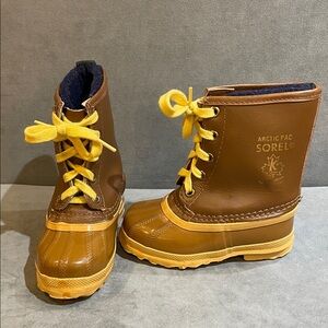 Vintage Sorel Kids Arctic Pac Duck Winter Snow Boots Size 8 Brown Tan Yellow